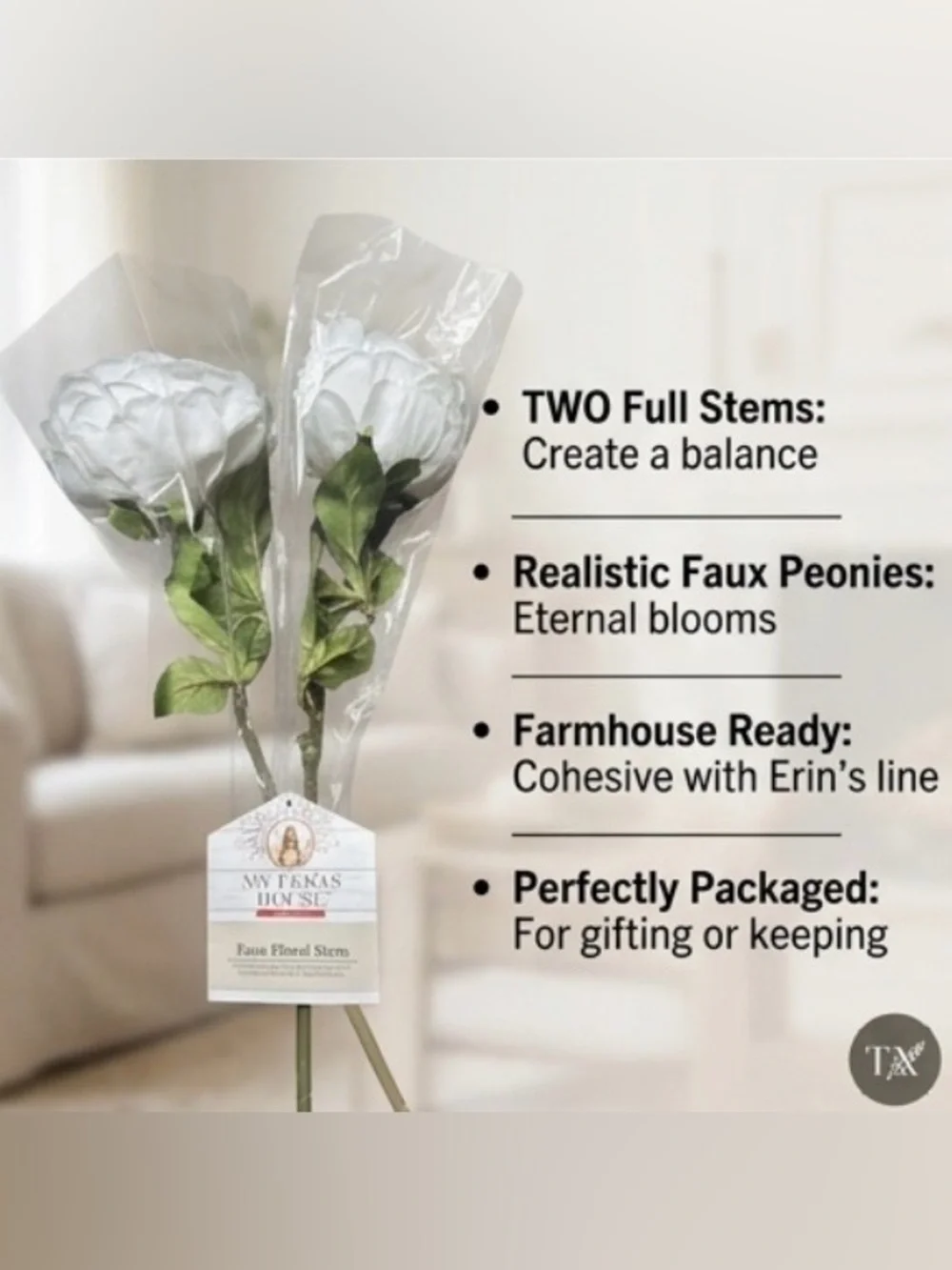 My Texas House White Faux Peony Stems - Set of 2